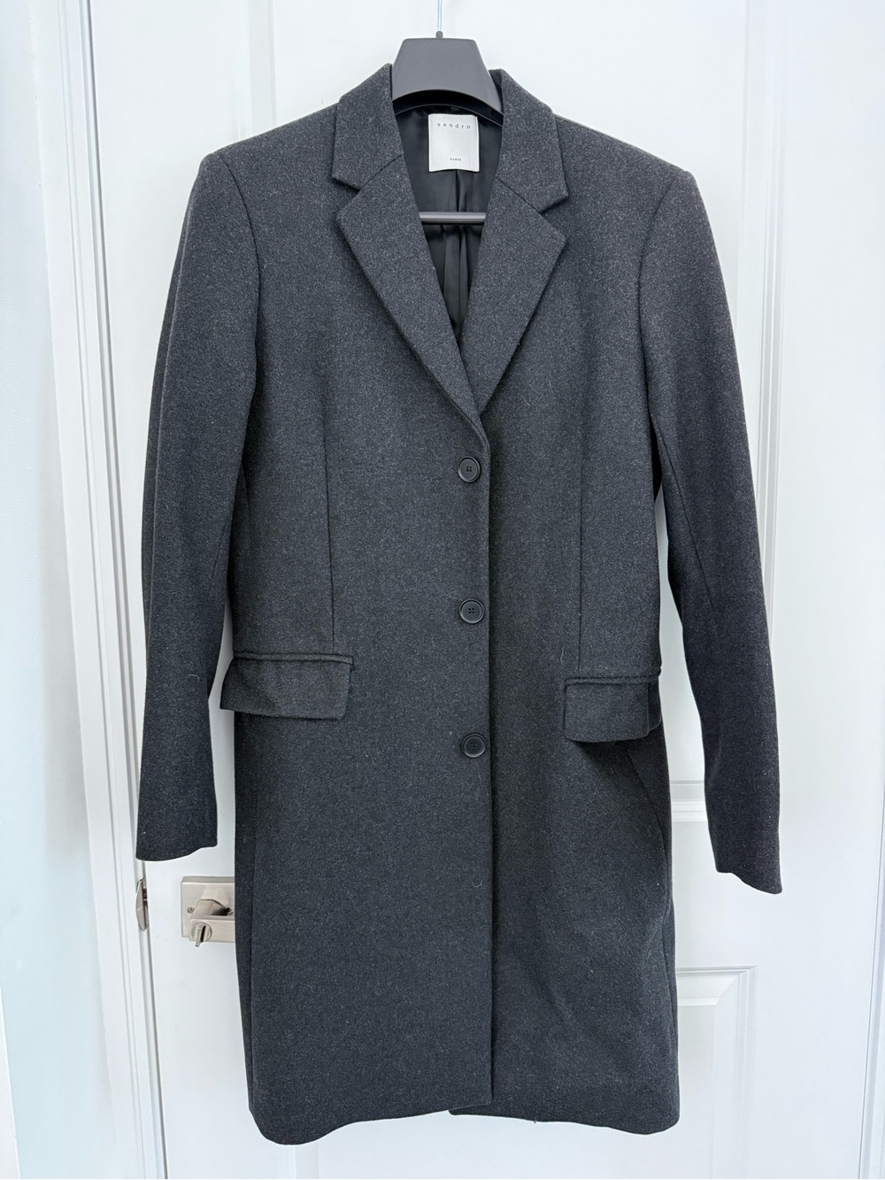 SANDRO- Wool-Blend Tailored Long Coat in Dark Gray